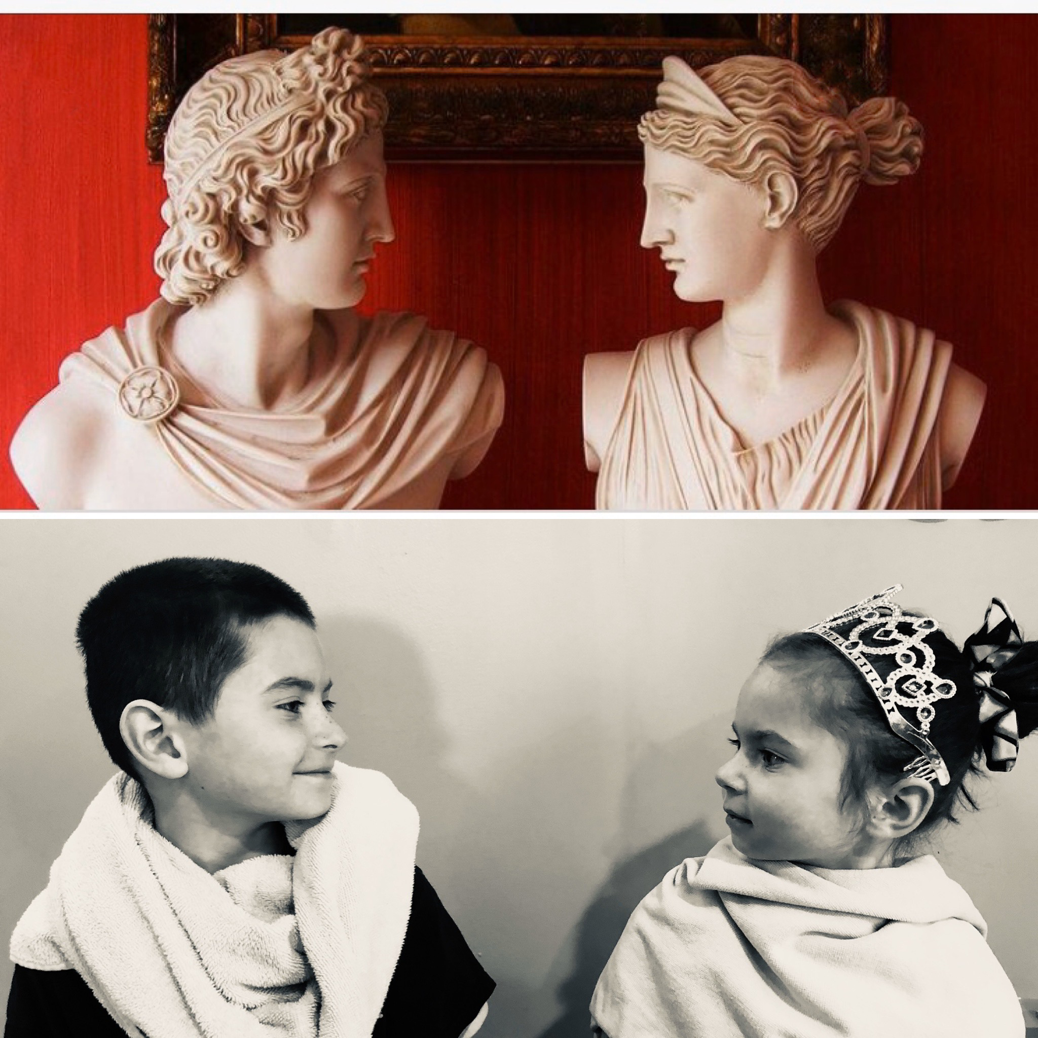 Brother and sister facing each other parallel to two ancient busts facing each other