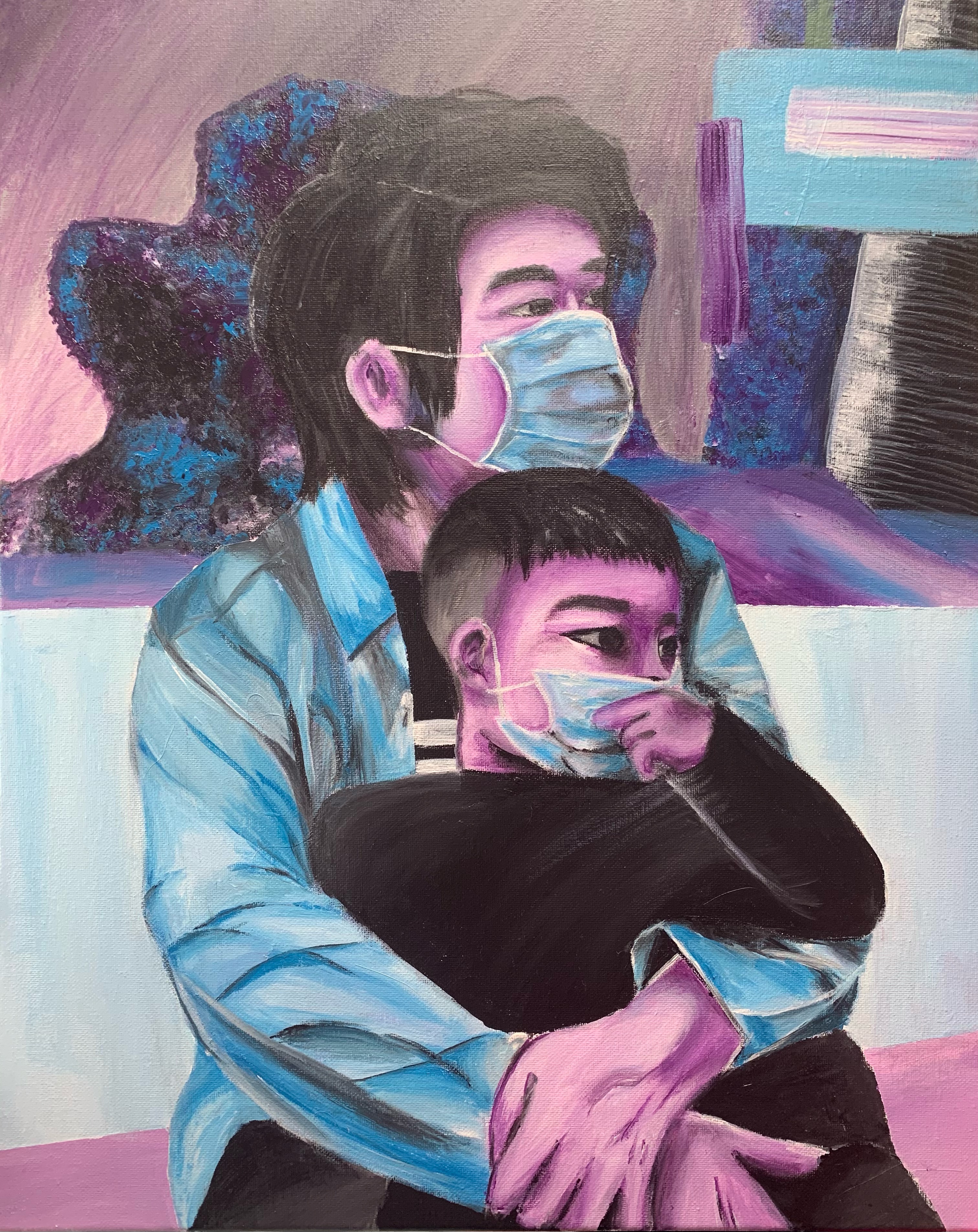 painting of an adult with mask holding a kid with a mask