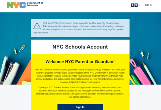 NYC Schools Account page NYC Schools Account page