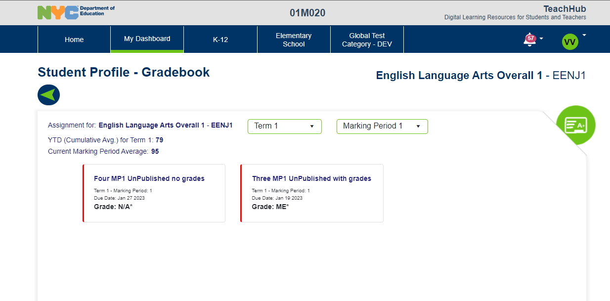 TeachHub-YTD Assignments_InfoHub TeachHub Student Assignment view with YTD shown