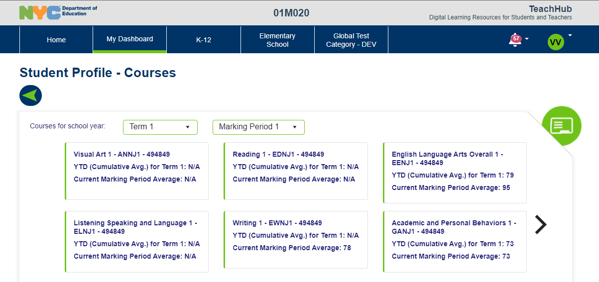 TeachHub-YTD Courses_InfoHub TeachHub Student Course view with YTD shown